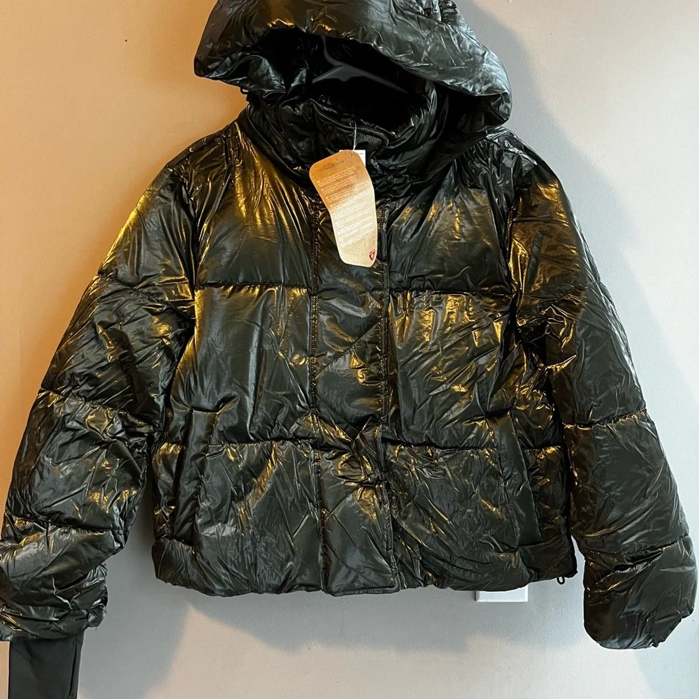 GAP Glossy Green Puffer Jacket Hooded Cropped GorpCore NWT Small